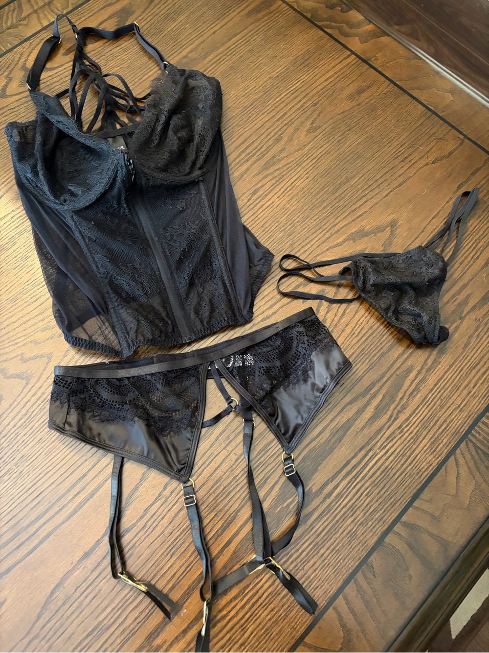 Victoria's Secret Black Lace Bustier, Garter & Thong Set